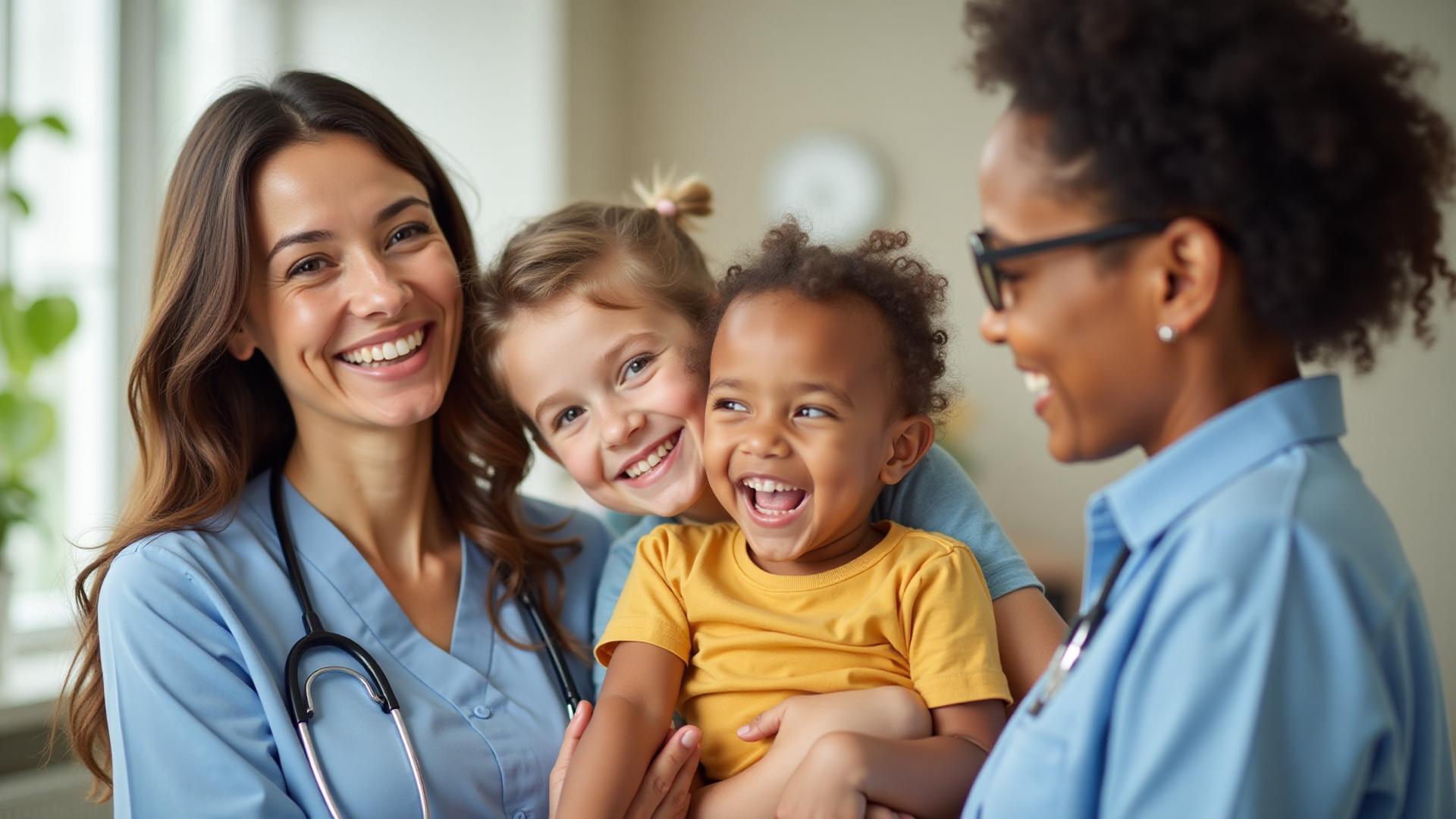 Família feliz com profissional de saúde pediátrica